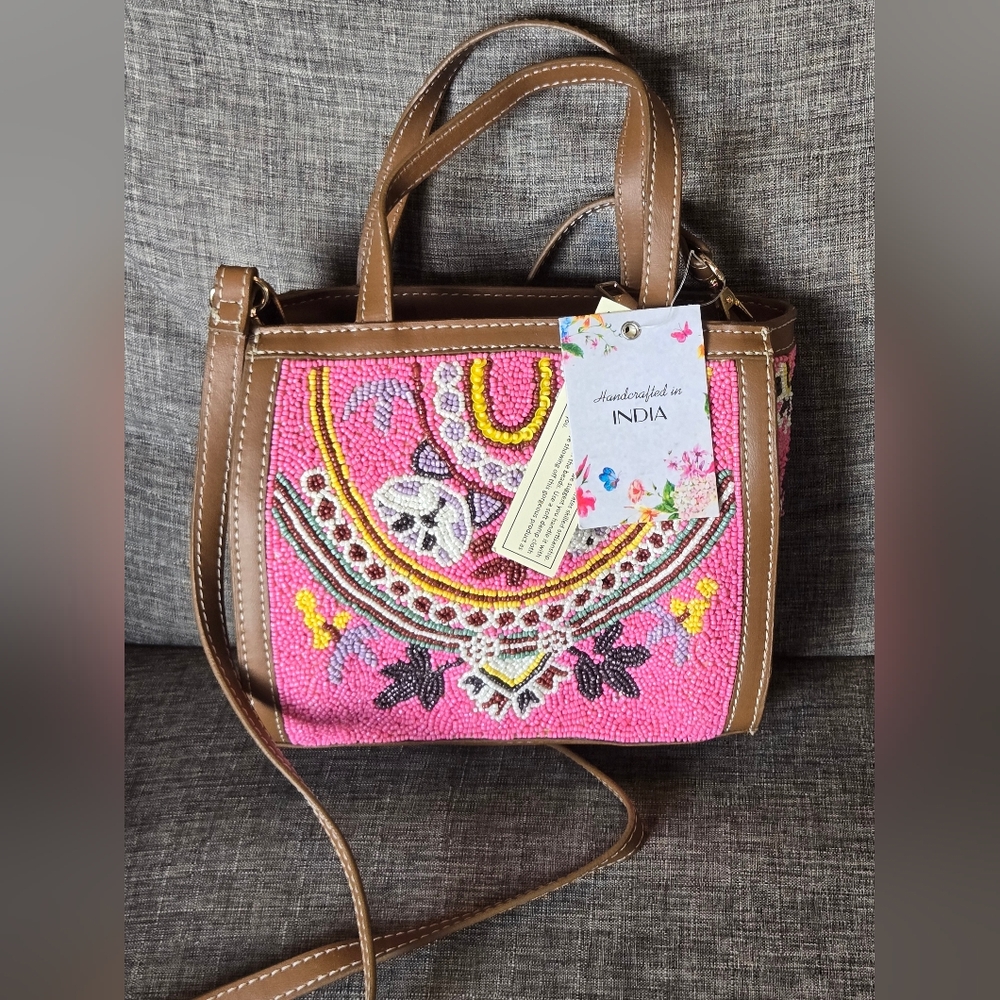 Viral Handmade Pink Beaded Tote Bag Crossbody Purse With Leather Straps NWT - Picture 6 of 11